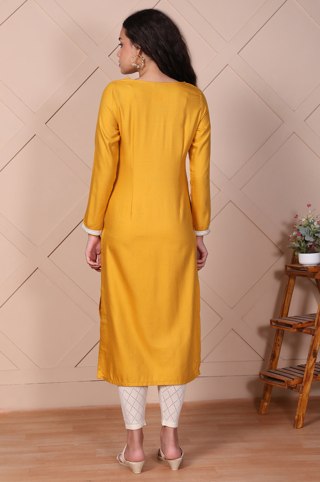 Mustard Embroidered Floral Lace Trim Straight Acrylic Kurta