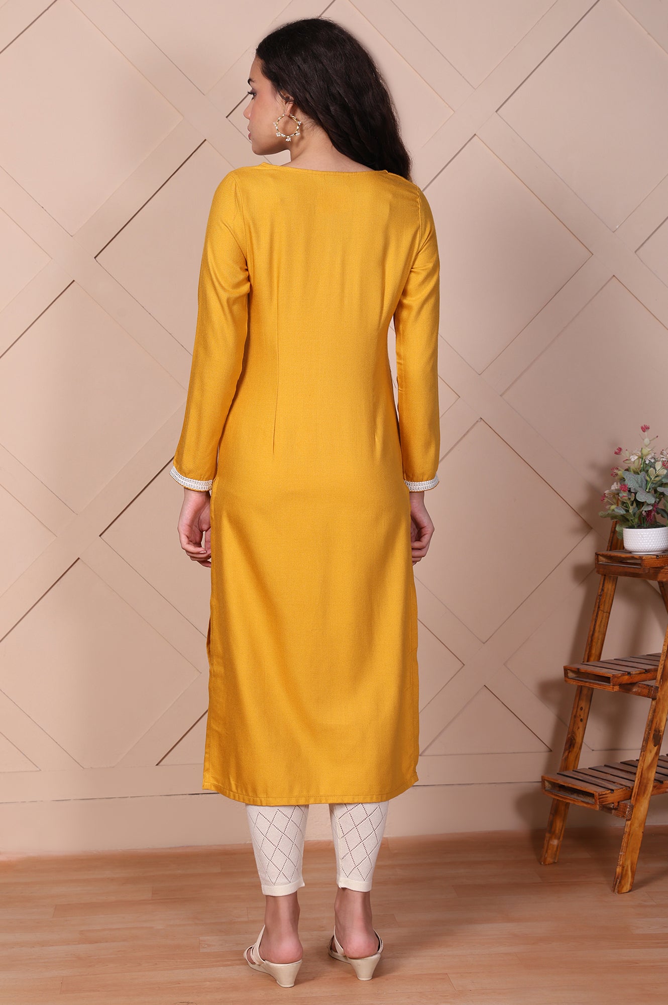 Mustard Embroidered Floral Lace Trim Straight Acrylic Kurta