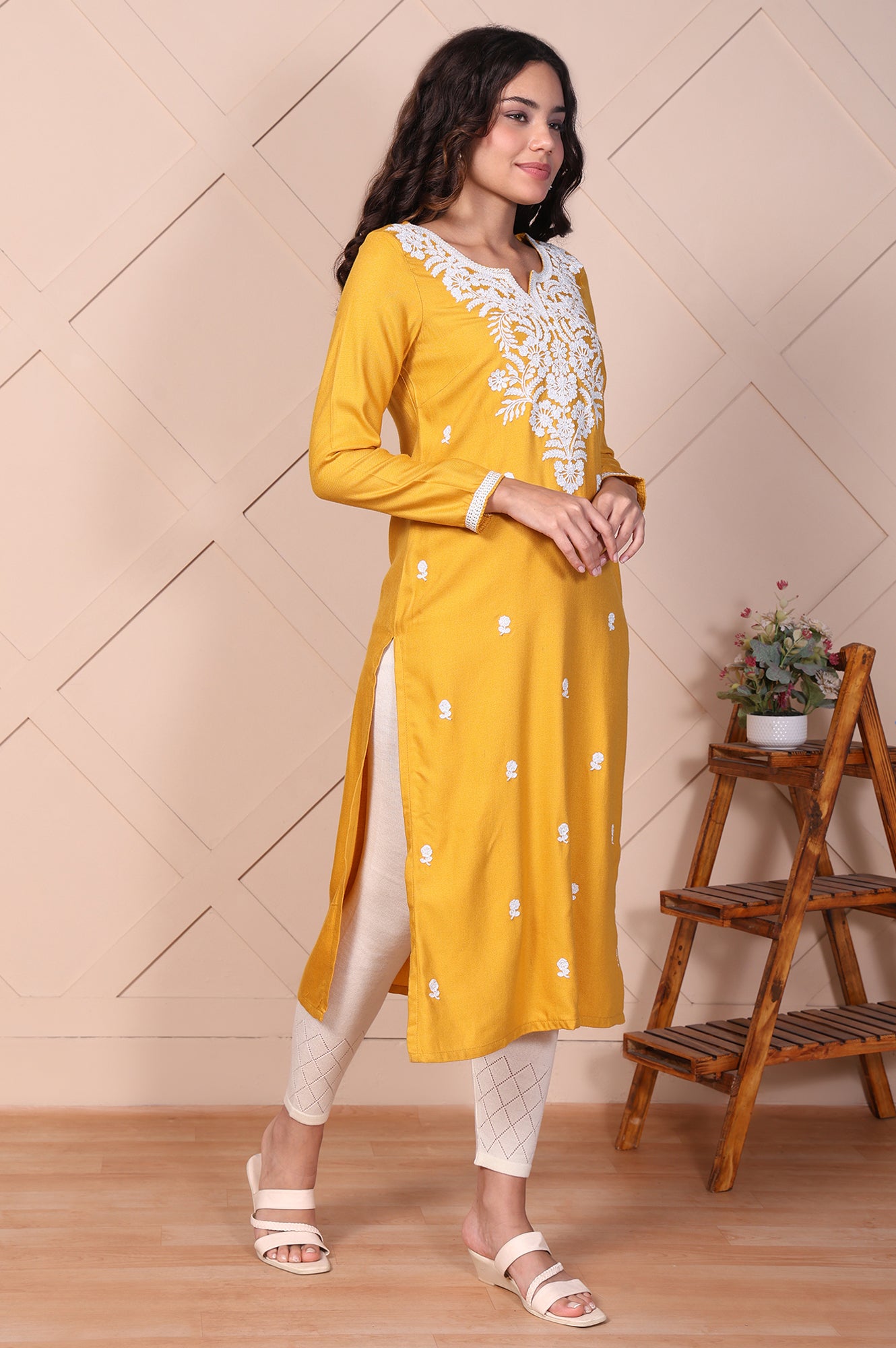 Mustard Embroidered Floral Lace Trim Straight Acrylic Kurta