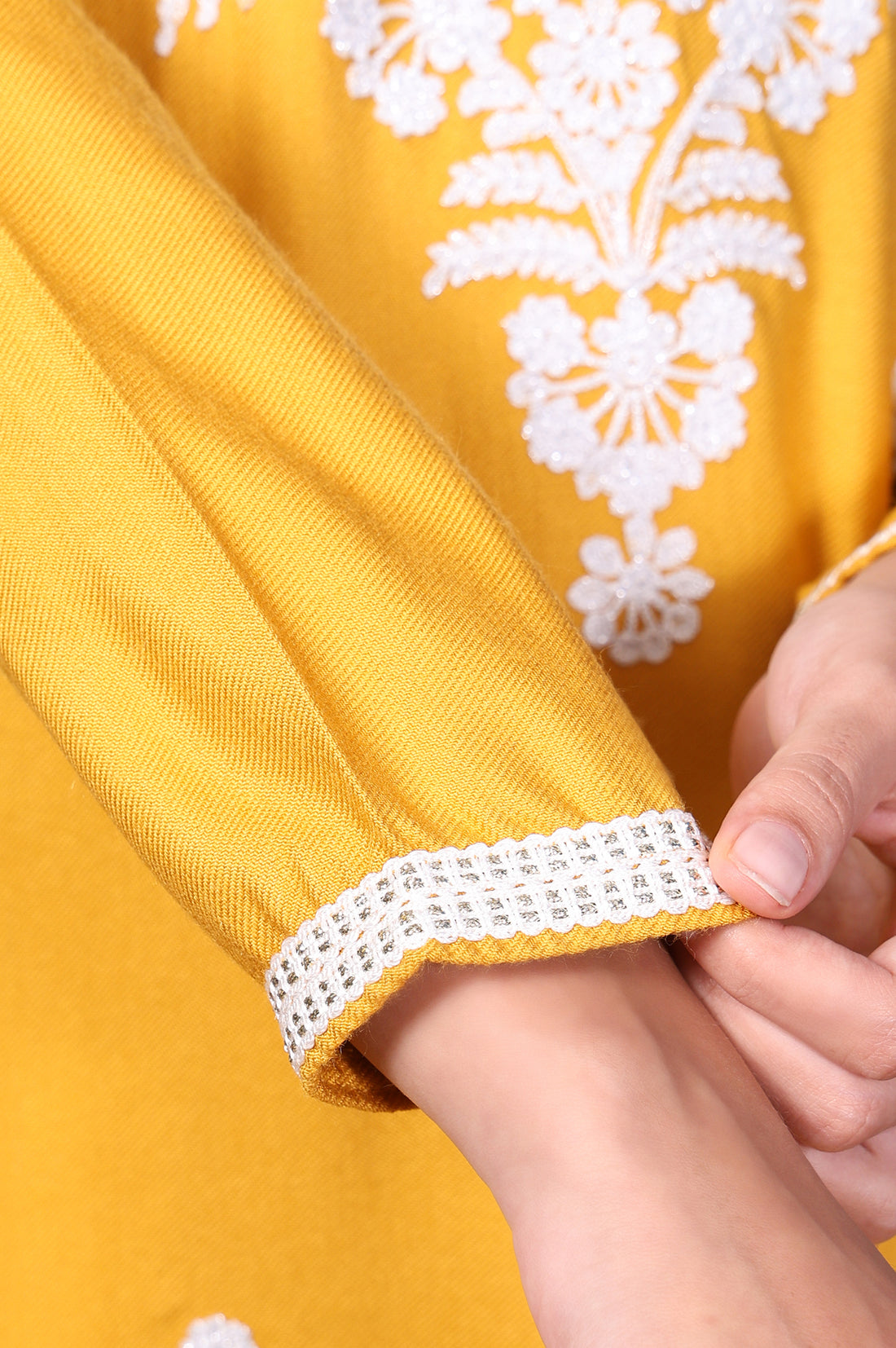 Mustard Embroidered Floral Lace Trim Straight Acrylic Kurta