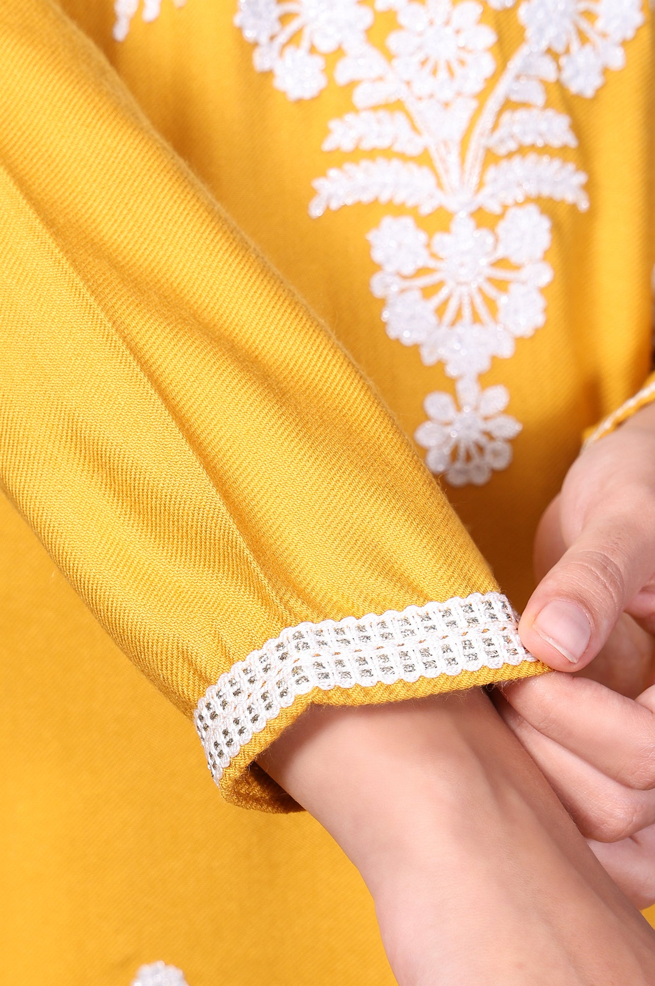 Mustard Embroidered Floral Lace Trim Straight Acrylic Kurta