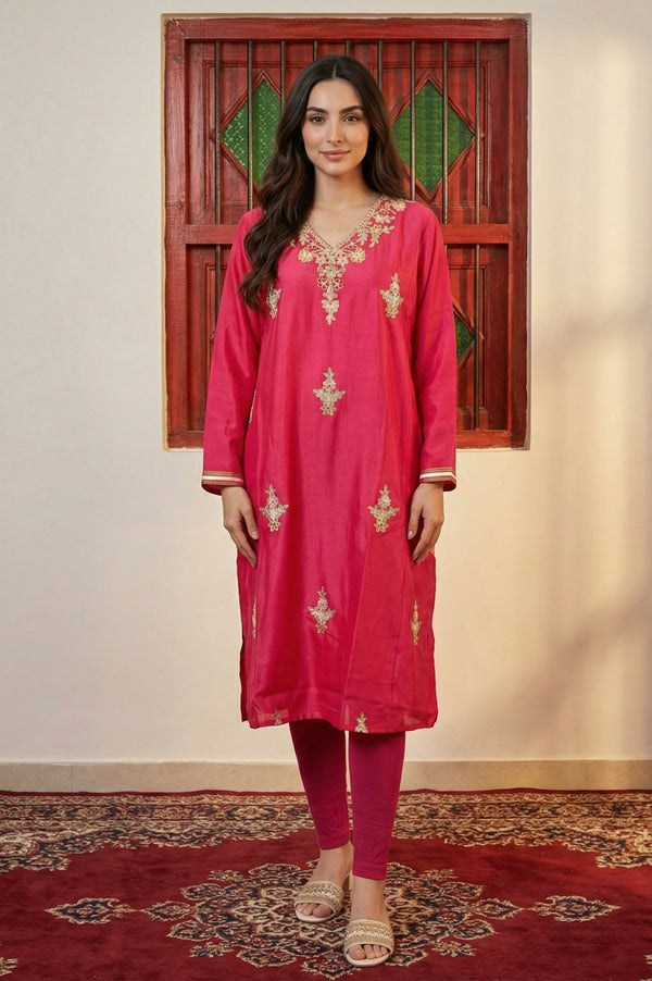 Magenta Embroidered Zari Work Acrylic Blend Straight Kurta