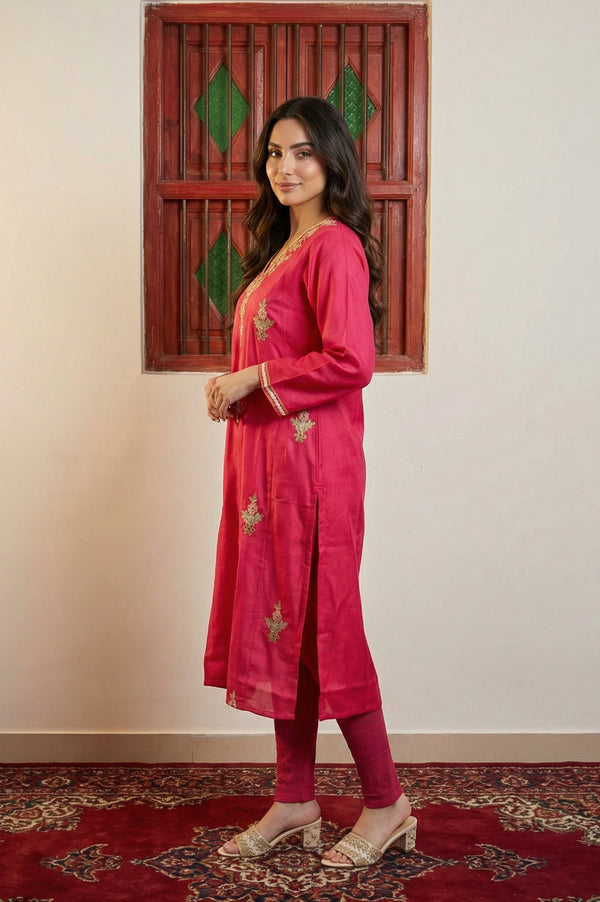 Magenta Embroidered Zari Work Acrylic Blend Straight Kurta