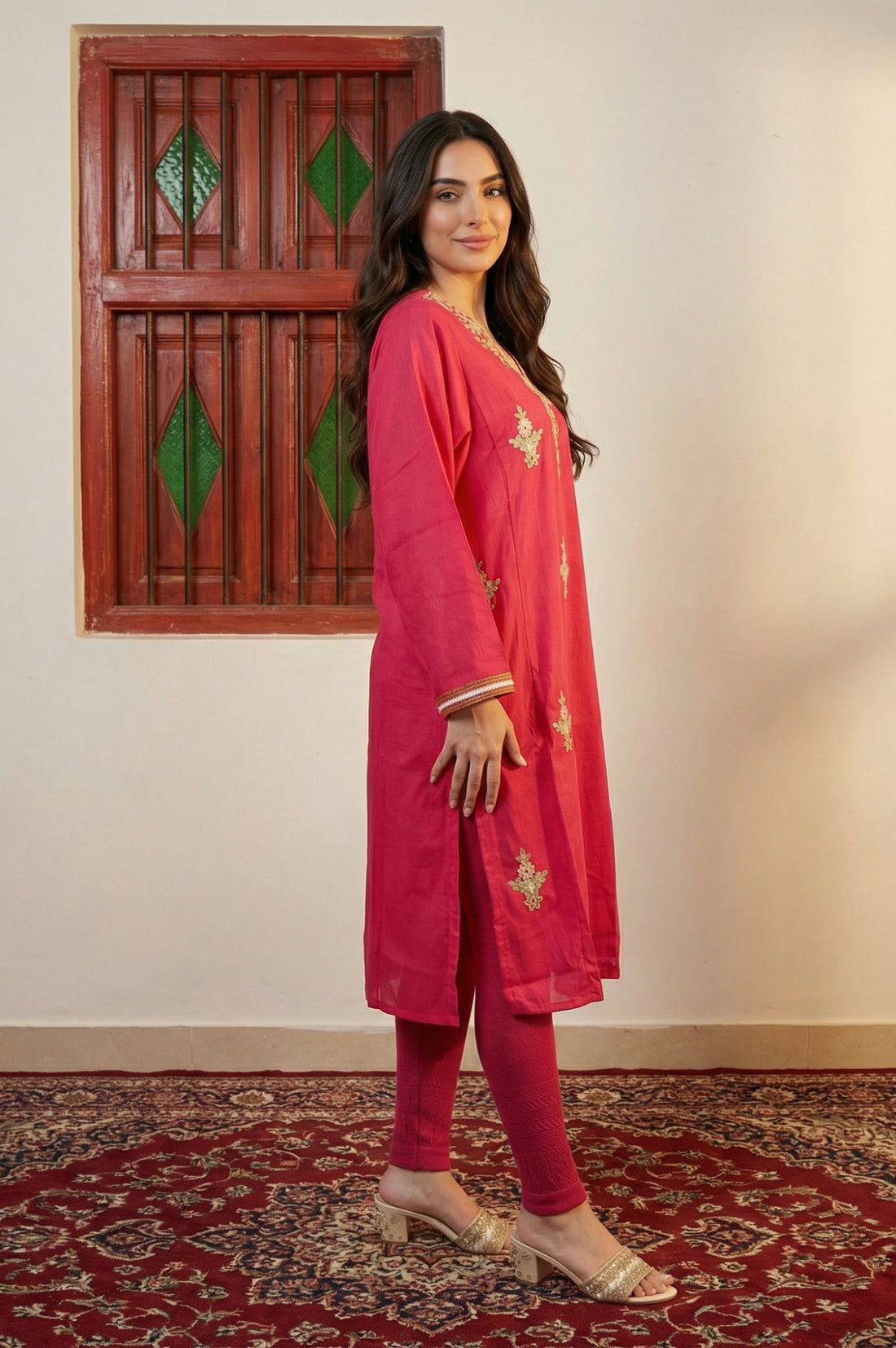 Magenta Embroidered Zari Work Acrylic Blend Straight Kurta