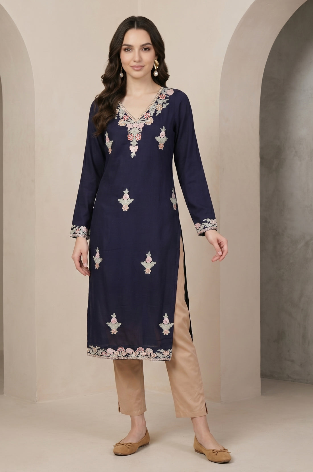 Navy Blue Embroidered Acrylic Straight Winter Kurta