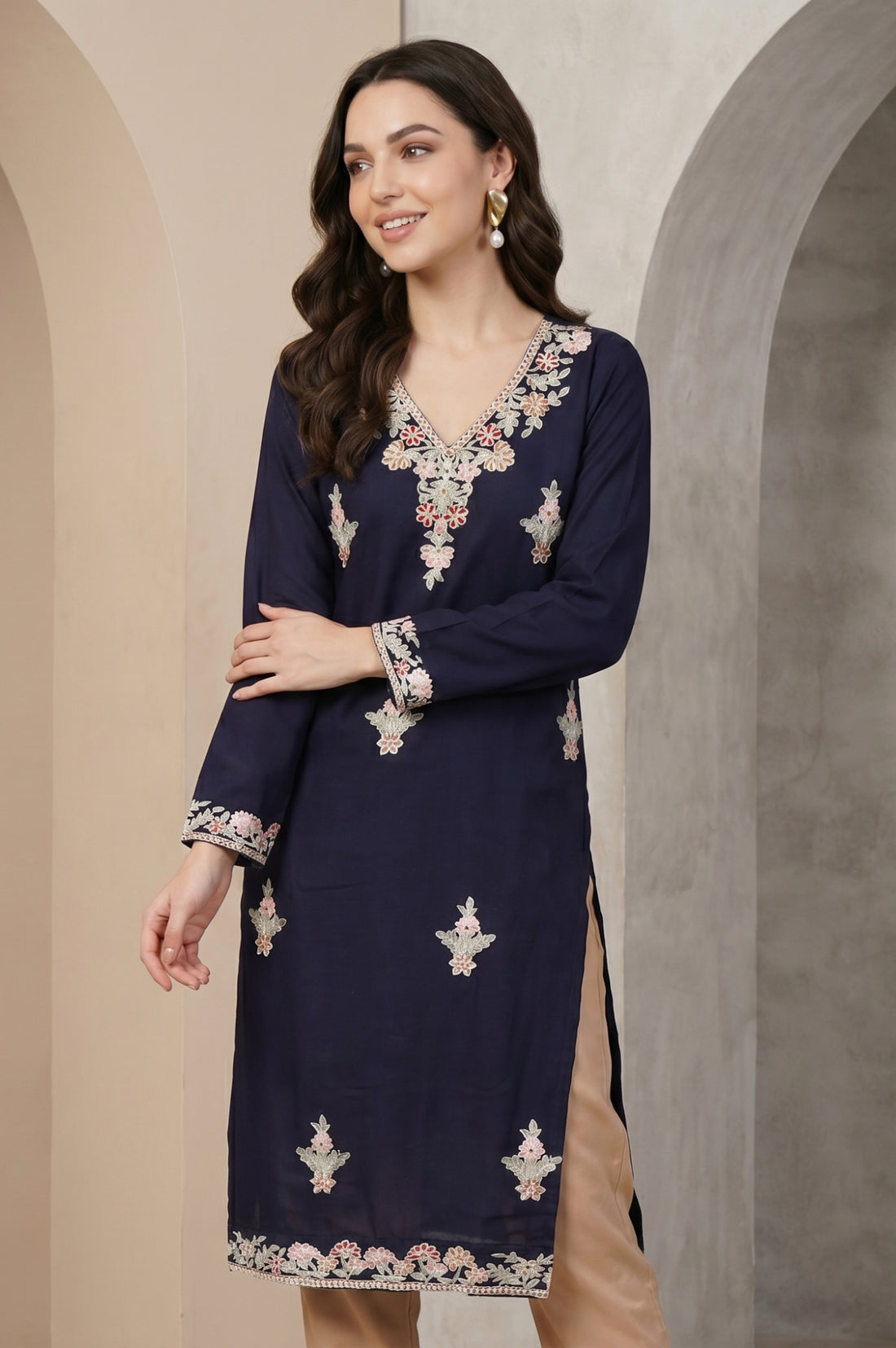 Navy Blue Embroidered Acrylic Straight Winter Kurta