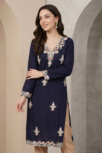 Navy Blue Embroidered Acrylic Straight Winter Kurta