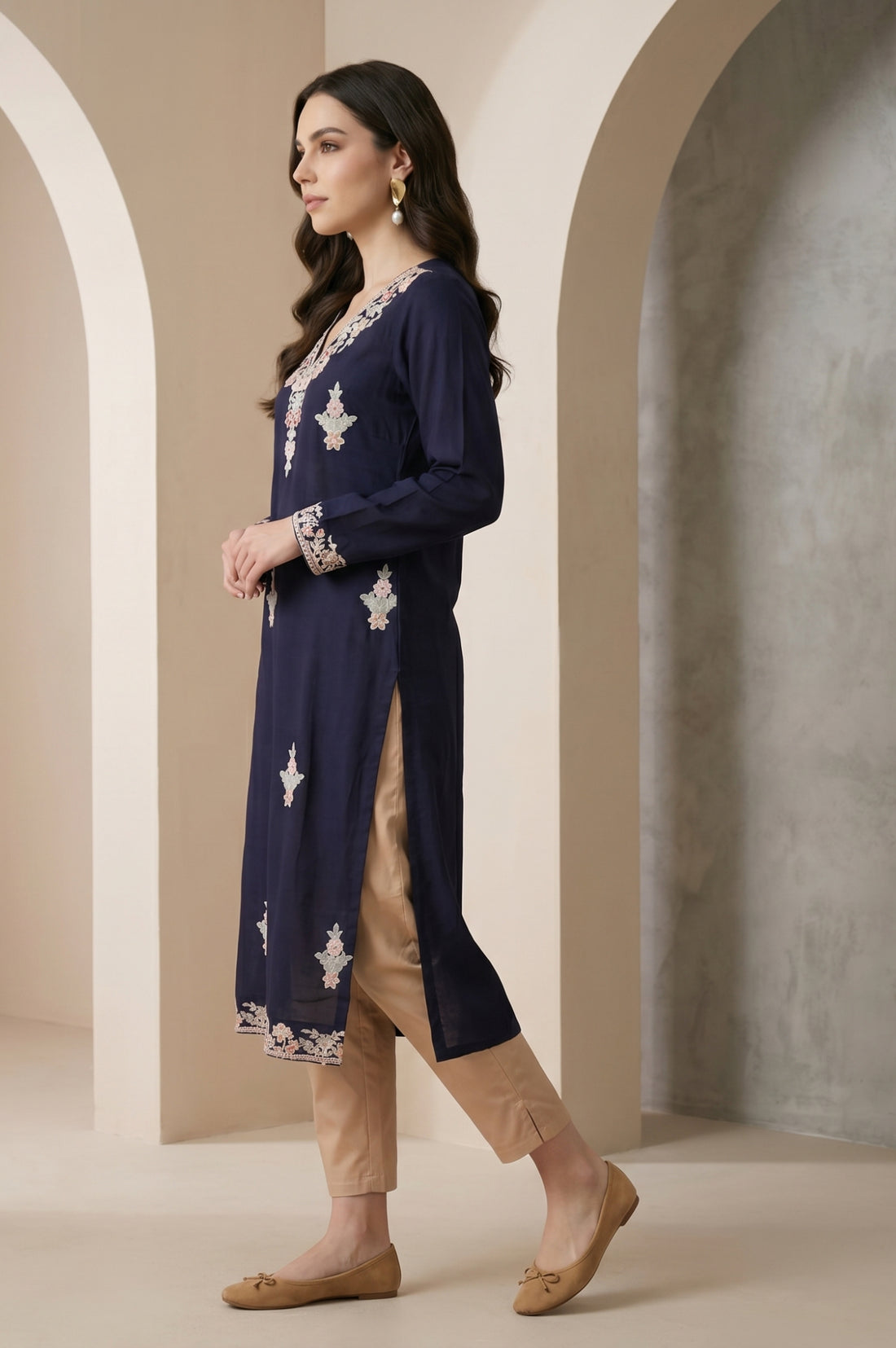 Navy Blue Embroidered Acrylic Straight Winter Kurta