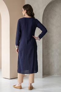Navy Blue Embroidered Acrylic Straight Winter Kurta