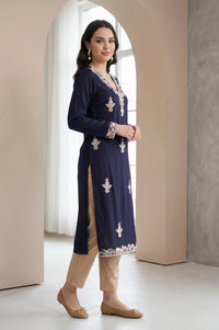 Navy Blue Embroidered Acrylic Straight Winter Kurta
