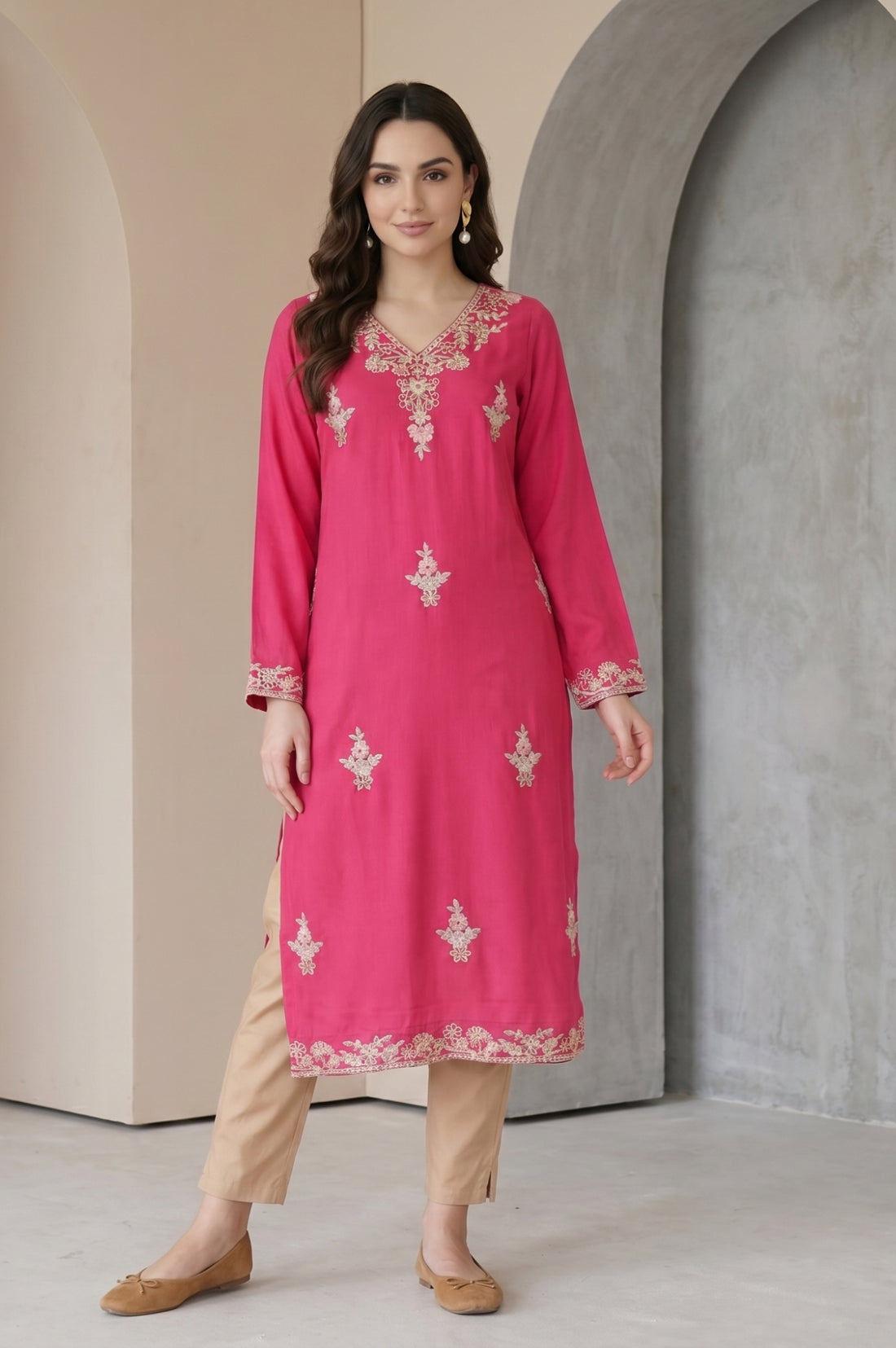 Fuchsia Embroidered Acrylic Straight Winter Kurta