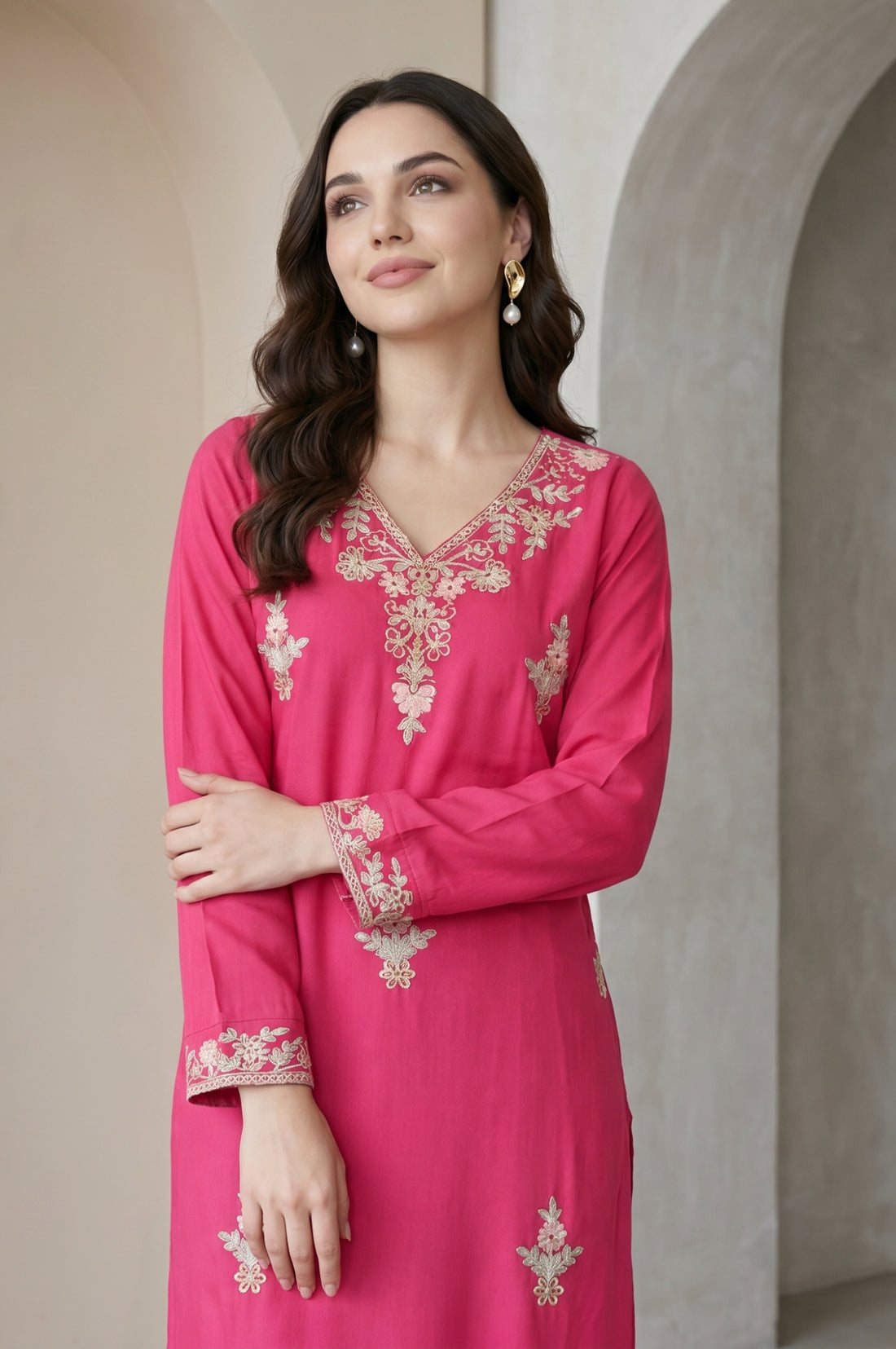 Fuchsia Embroidered Acrylic Straight Winter Kurta