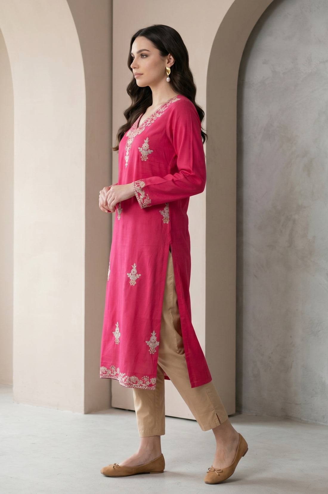 Fuchsia Embroidered Acrylic Straight Winter Kurta