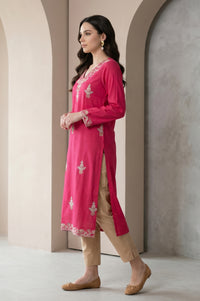 Fuchsia Embroidered Acrylic Straight Winter Kurta