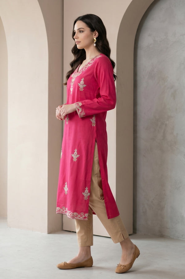 Fuchsia Embroidered Acrylic Straight Winter Kurta