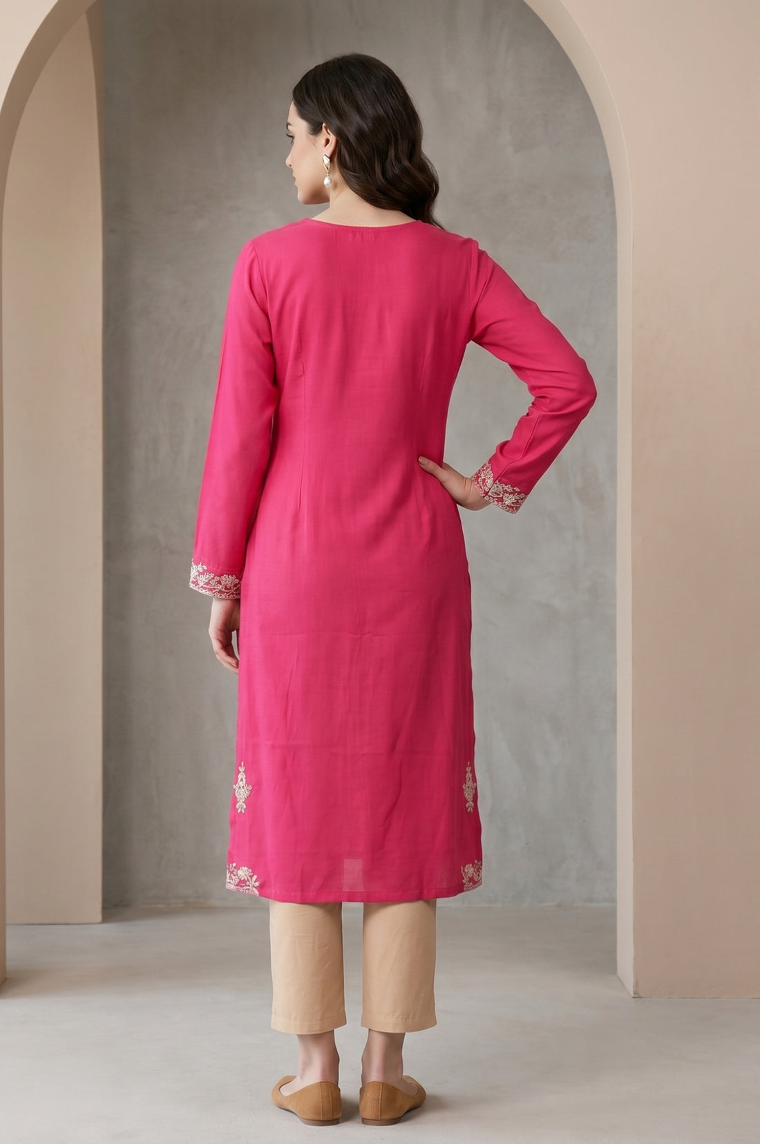 Fuchsia Embroidered Acrylic Straight Winter Kurta