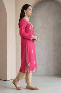 Fuchsia Embroidered Acrylic Straight Winter Kurta