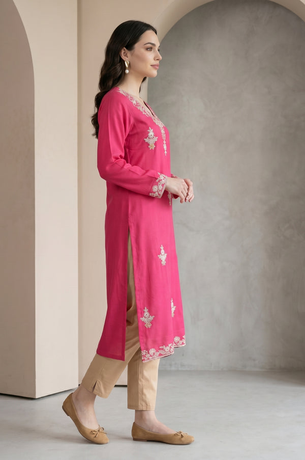 Fuchsia Embroidered Acrylic Straight Winter Kurta