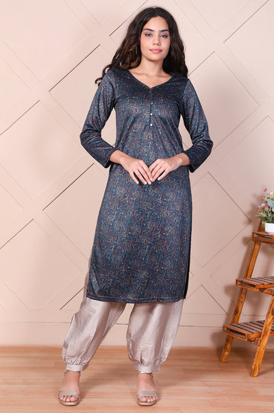 Navy Blue Embroidered Abstract Straight Jacquard Kurta