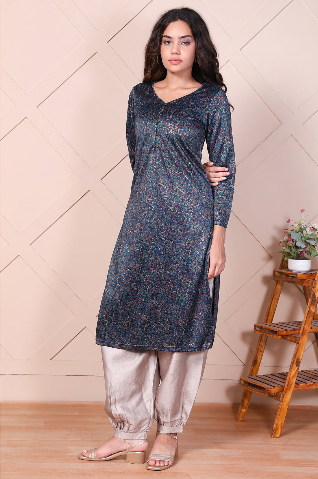 Navy Blue Embroidered Abstract Straight Jacquard Kurta