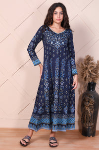 Navy Blue Embroidered Floral Sequined A-Line Jacquard Kurta