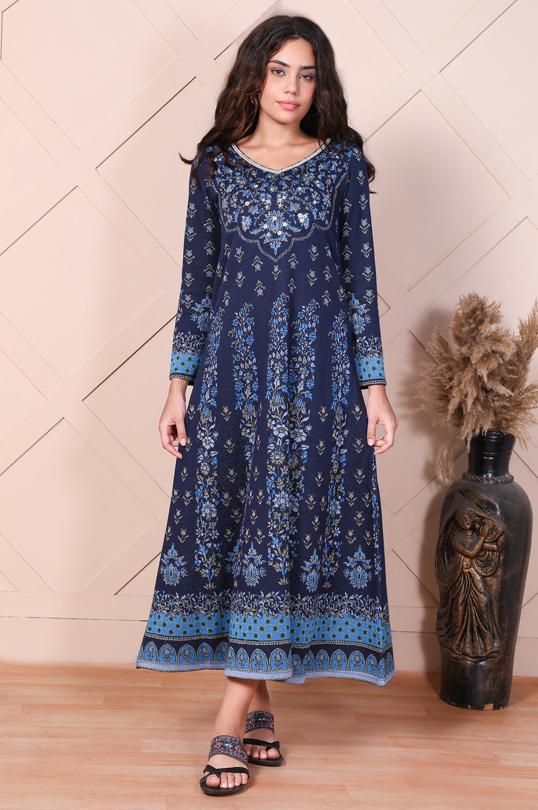 Navy Blue Embroidered Floral Sequined A-Line Jacquard Kurta