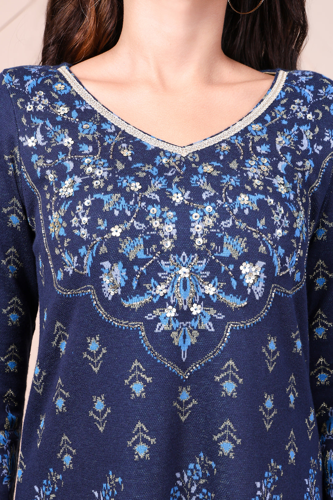 Navy Blue Embroidered Floral Sequined A-Line Jacquard Kurta