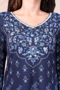 Navy Blue Embroidered Floral Sequined A-Line Jacquard Kurta