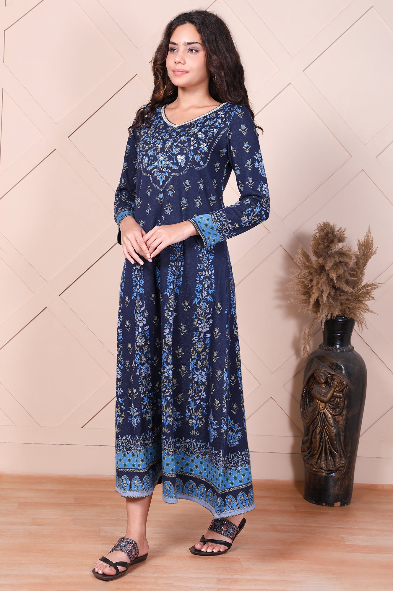Navy Blue Embroidered Floral Sequined A-Line Jacquard Kurta