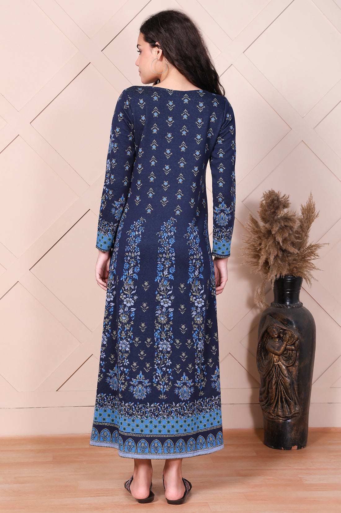 Navy Blue Embroidered Floral Sequined A-Line Jacquard Kurta