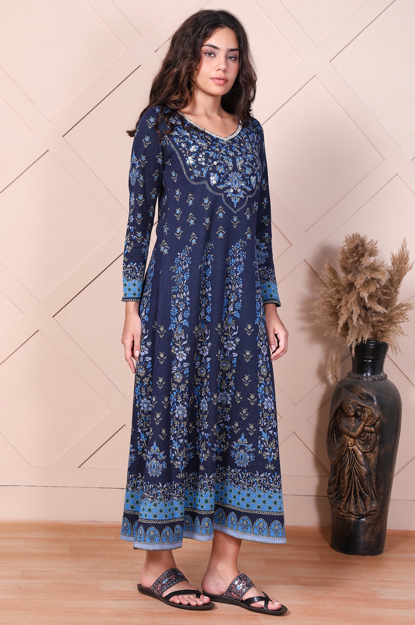 Navy Blue Embroidered Floral Sequined A-Line Jacquard Kurta