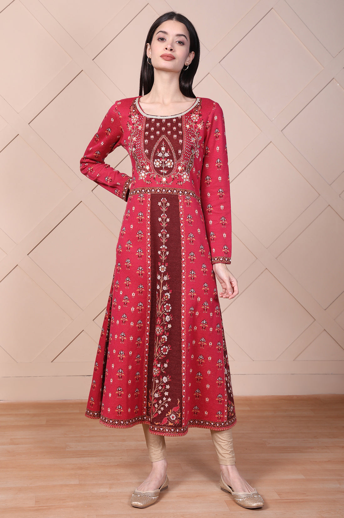 Red Floral Printed Embroidered Jacquard Flared Anarkali Kurta