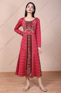 Red Floral Printed Embroidered Jacquard Flared Anarkali Kurta