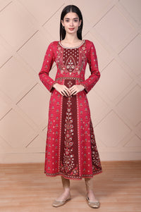Red Floral Printed Embroidered Jacquard Flared Anarkali Kurta