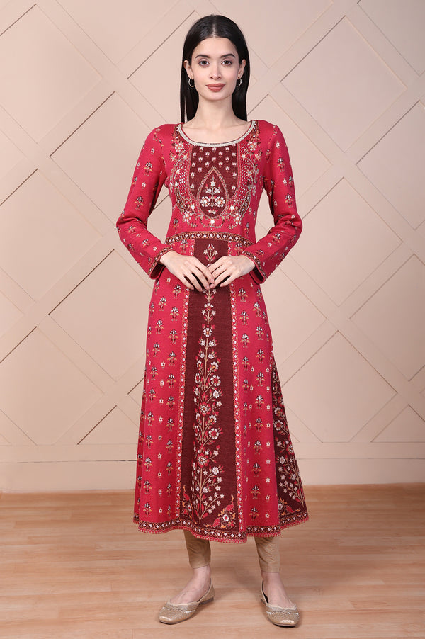 Red Floral Printed Embroidered Jacquard Flared Anarkali Kurta
