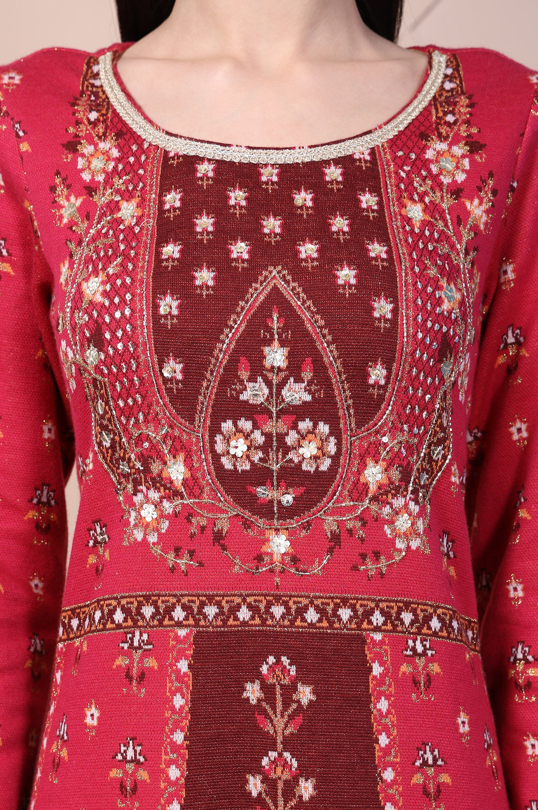 Red Floral Printed Embroidered Jacquard Flared Anarkali Kurta