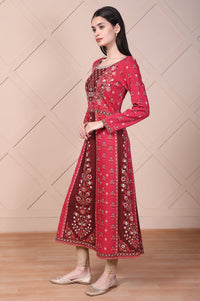 Red Floral Printed Embroidered Jacquard Flared Anarkali Kurta