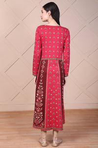 Red Floral Printed Embroidered Jacquard Flared Anarkali Kurta