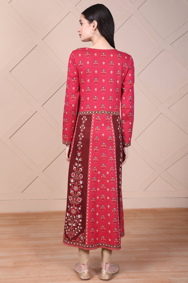Red Floral Printed Embroidered Jacquard Flared Anarkali Kurta