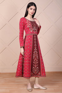 Red Floral Printed Embroidered Jacquard Flared Anarkali Kurta