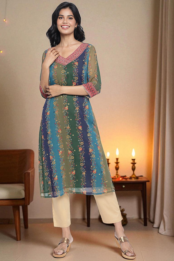 Teal Abstract Printed Thread Embroidered Straight Georgette Kurta