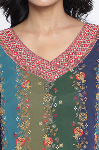 Teal Abstract Printed Thread Embroidered Straight Georgette Kurta