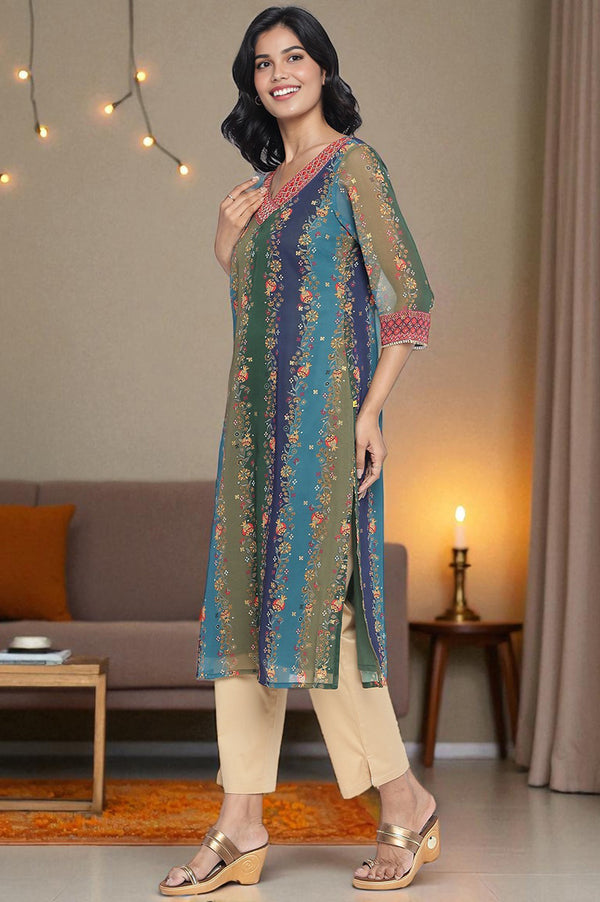 Teal Abstract Printed Thread Embroidered Straight Georgette Kurta