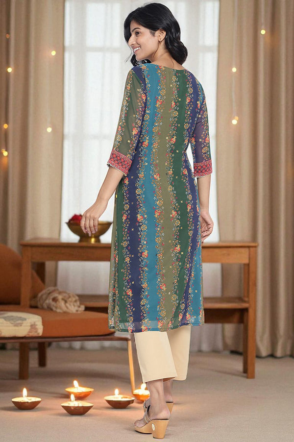 Teal Abstract Printed Thread Embroidered Straight Georgette Kurta