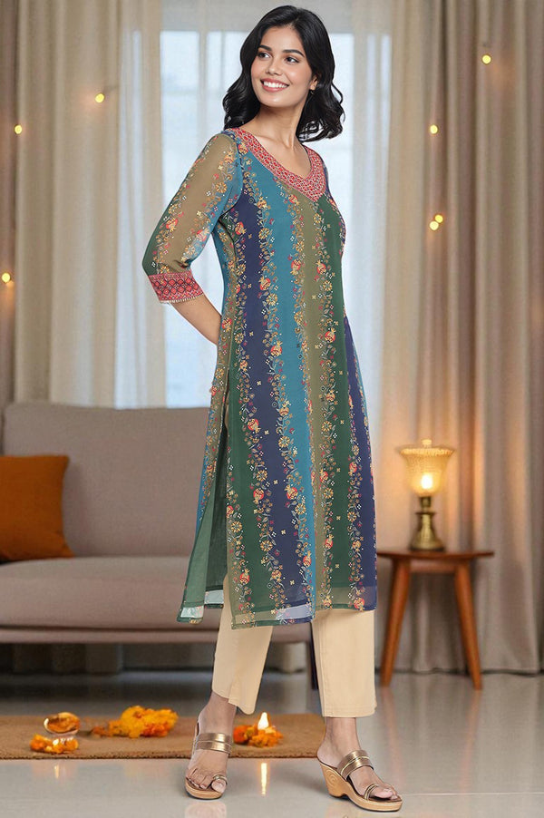 Teal Abstract Printed Thread Embroidered Straight Georgette Kurta