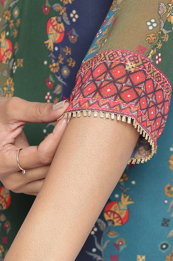 Teal Abstract Printed Thread Embroidered Straight Georgette Kurta