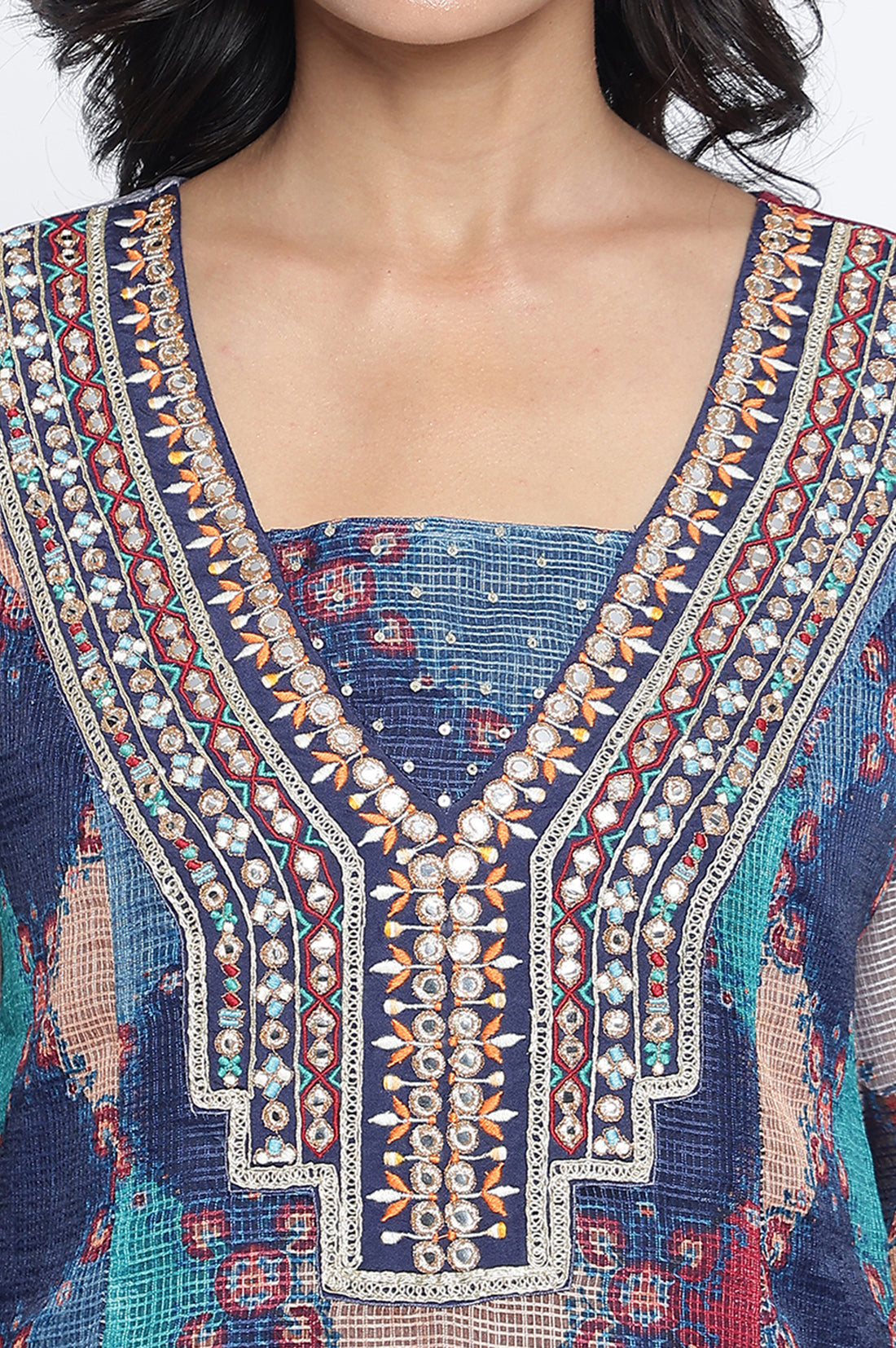 Navy Blue Digital Printed Zari Kota Flared Kurta