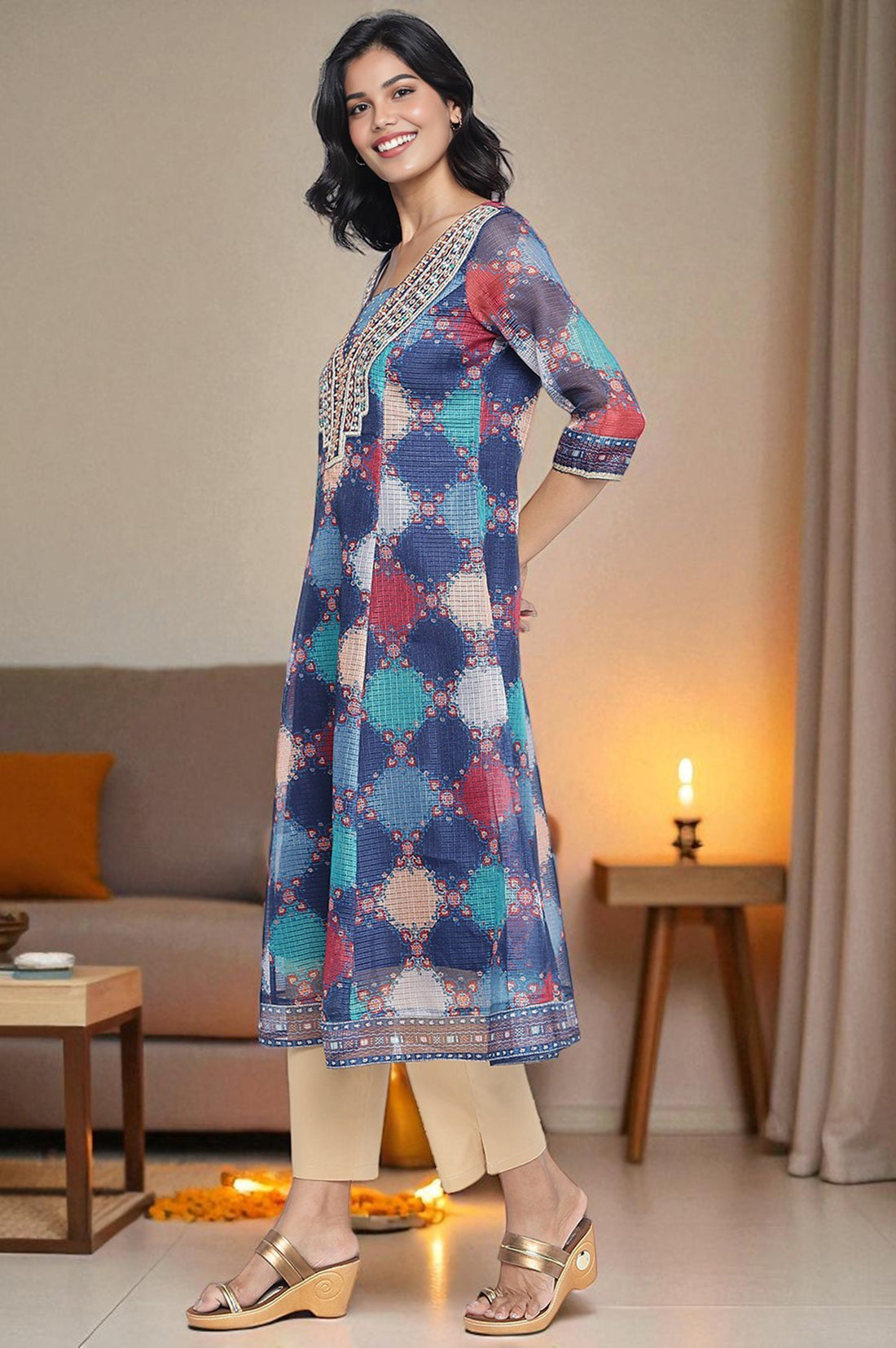 Navy Blue Digital Printed Zari Kota Flared Kurta