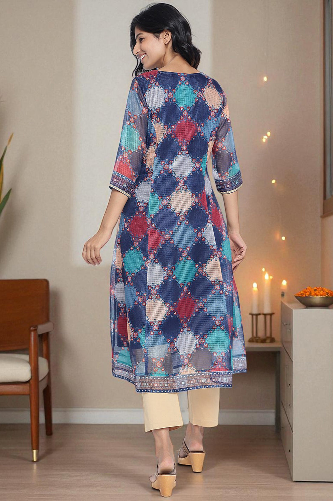 Navy Blue Digital Printed Zari Kota Flared Kurta