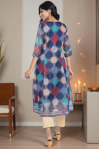Navy Blue Digital Printed Zari Kota Flared Kurta